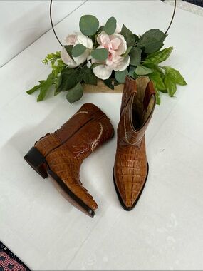 Brown Croc-Embossed Western Ankle Boots - kid's